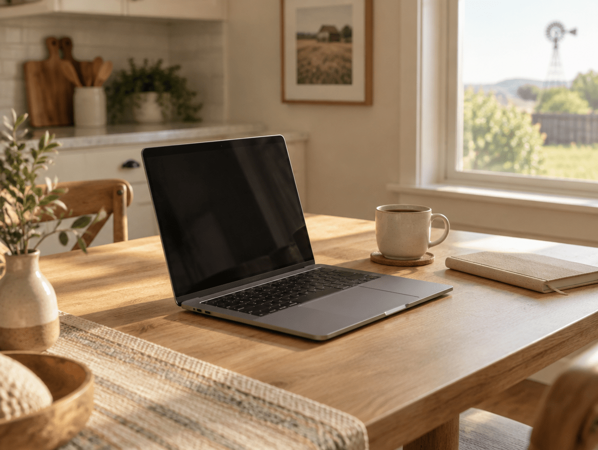 Laptop open on a kitchen table