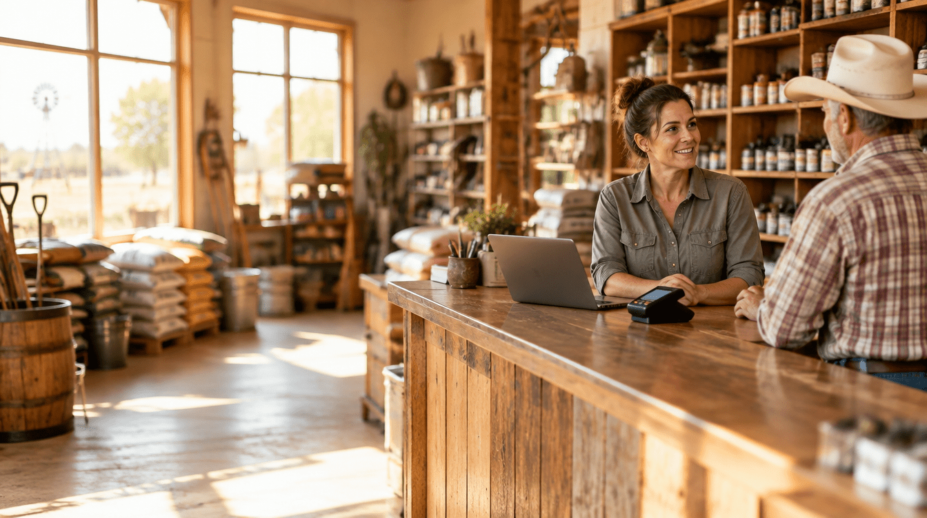 A local Texas business owner helping a customer at the counter