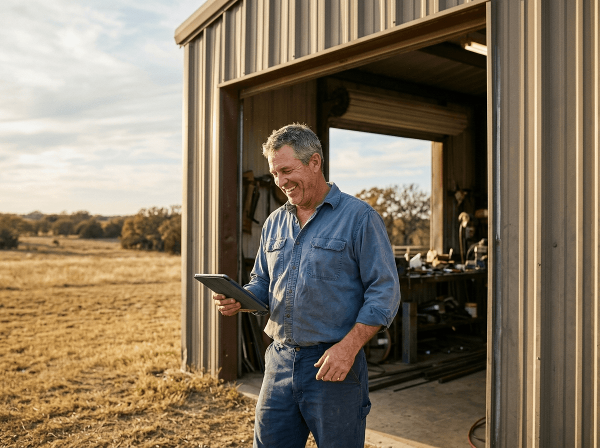 A business owner working from a rural Texas workshop