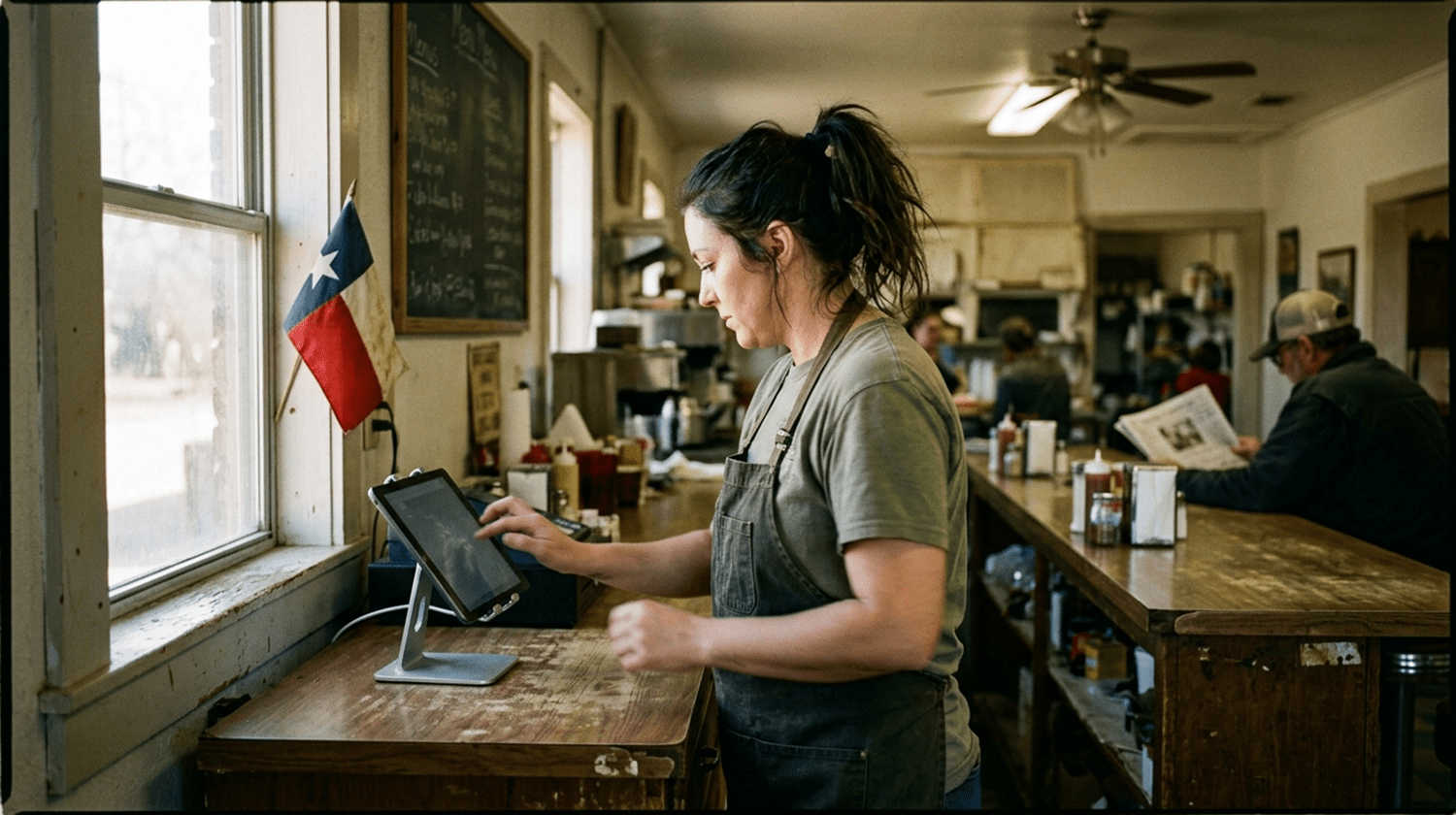 A server using a point-of-sale tablet in a small-town Texas restaurant