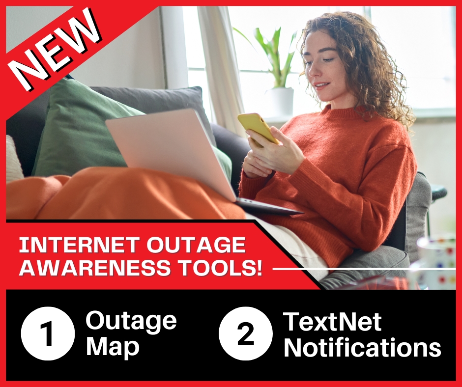 Person sitting on a couch using a smartphone and laptop, promoting GVEC Internet’s new outage awareness tools: Internet Outage Map and TextNet Notifications.